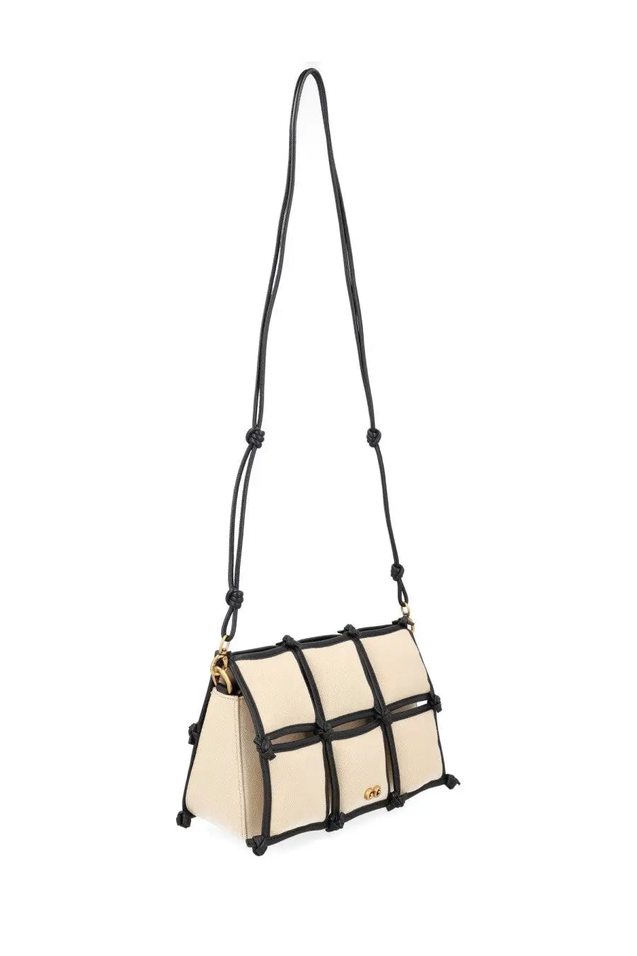 Cream-colored canvas crossbody bag with black leather straps and geometric knot detailing by Cult Gaia Womens Borsa Puff Con Beige