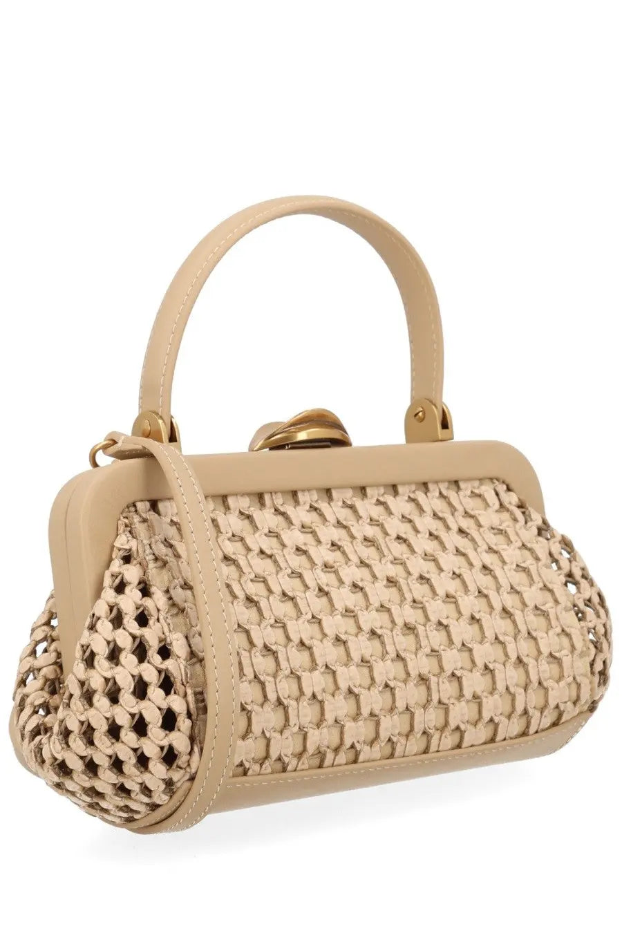 Beige woven leather clutch with gold-tone frame and handle from cult gaia womens borsa zuma mini collection