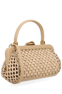 Beige woven leather clutch with gold-tone frame and handle from cult gaia womens borsa zuma mini collection