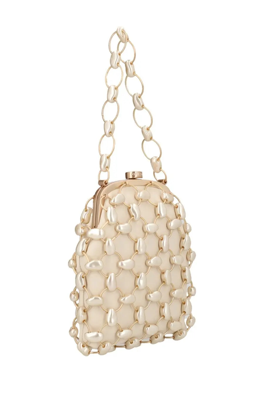 Cult Gaia women’s Brielle bag beige cream-colored beaded chain-link handbag with gold-tone clasp and oval link strap