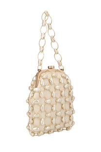 Cult Gaia women’s Brielle bag beige cream-colored beaded chain-link handbag with gold-tone clasp and oval link strap