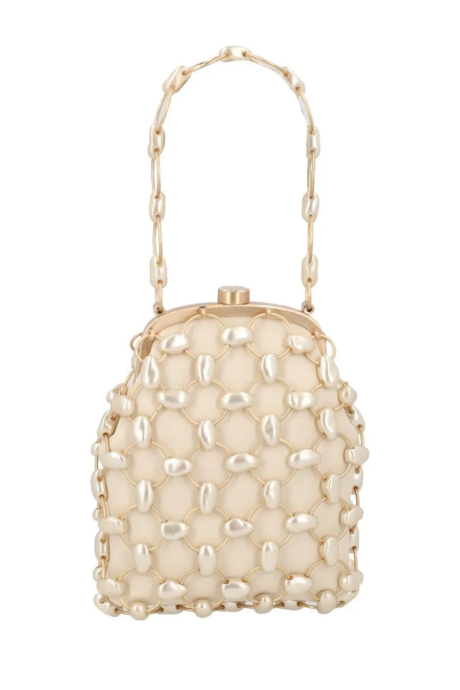 Cult Gaia women’s brielle bag beige cream-colored beaded clutch with gold chain handle and pearl-like mesh pattern