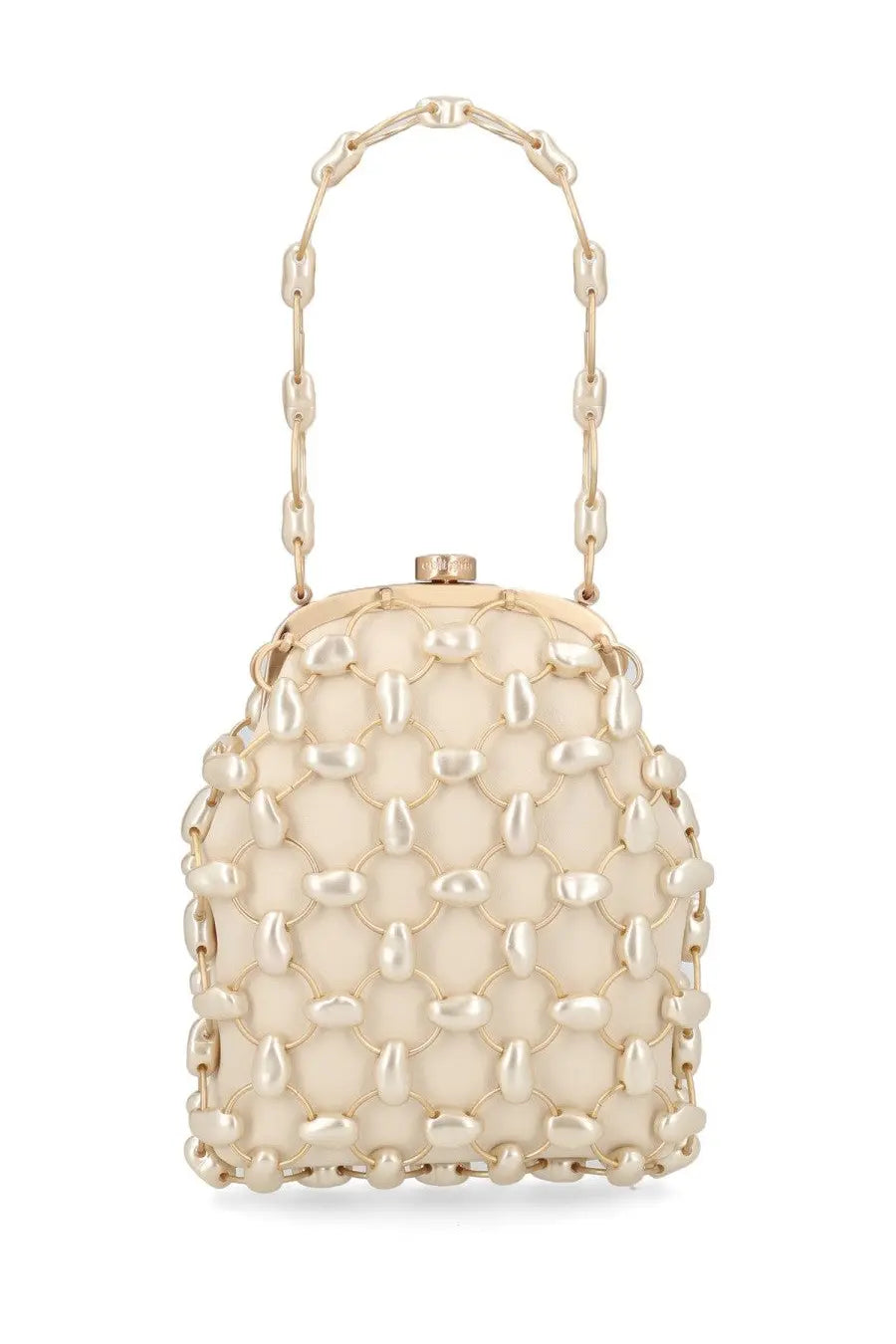 Cult gaia women’s brielle bag beige cream-colored beaded clutch with gold-tone chain handle and metallic hardware