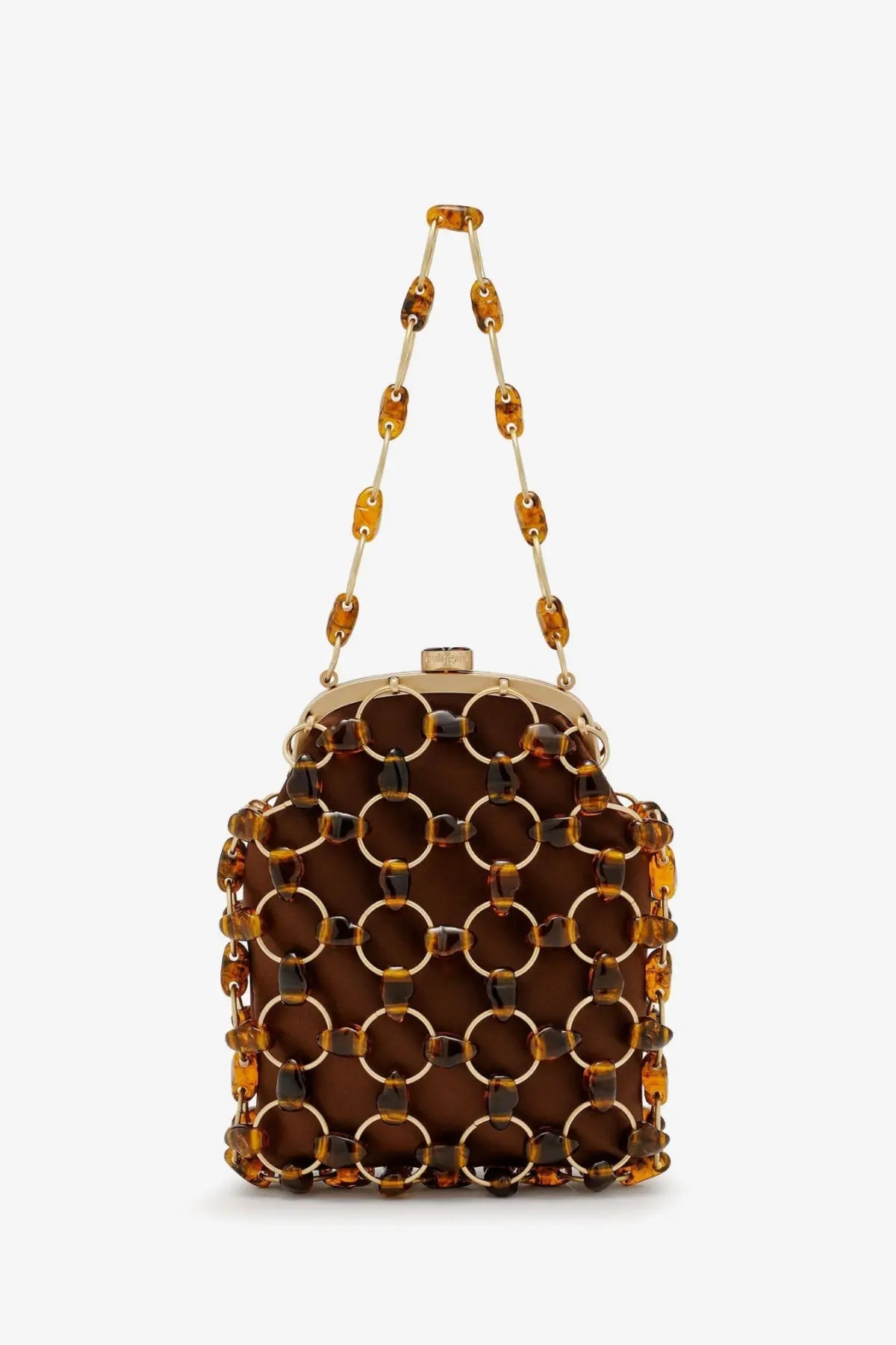 Cult Gaia women’s brielle beige leather wristlet handbag with brown translucent amber chain link and gold-tone clasp handle