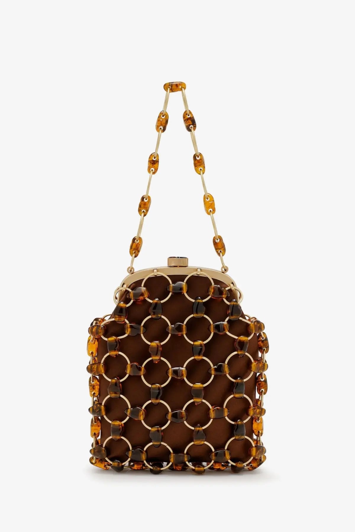 Cult Gaia women’s brielle beige leather wristlet clutch bag with geometric gold rings and amber bead pattern and chain strap