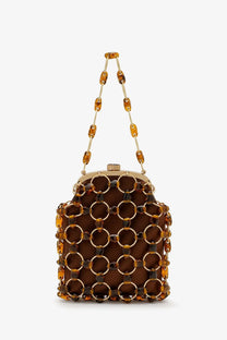 Cult Gaia women’s brielle beige leather wristlet clutch bag with geometric gold rings and amber bead pattern and chain strap