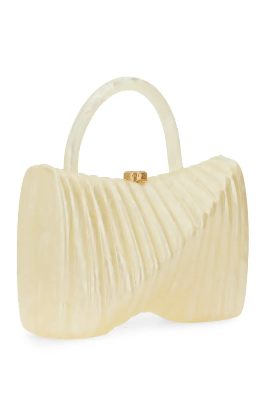 Cream-colored translucent acrylic clutch with ribbed texture and curved handle from Cult Gaia women’s cassidie bag white collection