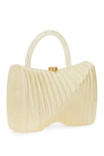 Cream-colored translucent acrylic clutch with ribbed texture and curved handle from Cult Gaia women’s cassidie bag white collection