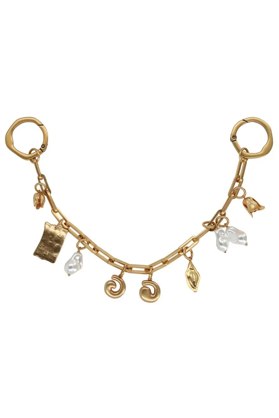 Cult gaia womens charm bijou gold gold-toned chain keychain with textured rectangular piece pearl-like beads and spiral charms