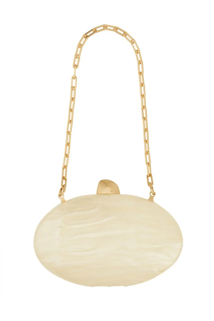 Cream-colored Cult Gaia women’s clutch Eviana with gold-toned chain strap and matching metallic clasp