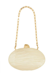Cream-colored Cult Gaia women’s clutch Eviana with gold-toned chain strap and matching metallic clasp
