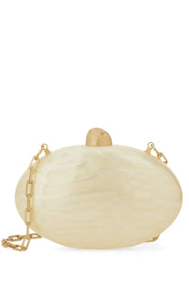 Cult Gaia women’s clutch Eviana white cream-colored oval resin clutch with glossy finish and gold-tone chain strap
