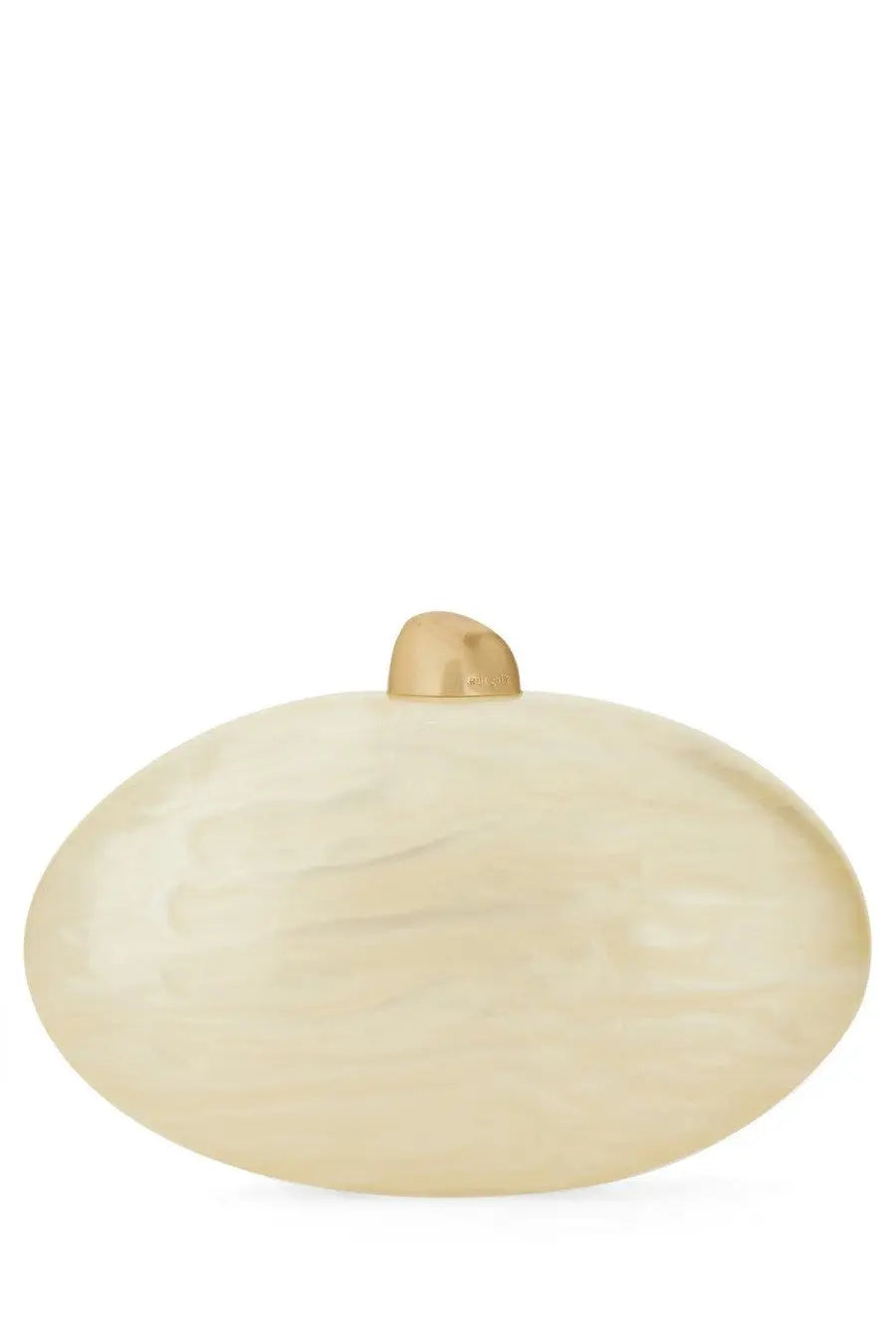 Cult Gaia women’s clutch Eviana white cream-colored oval clutch with smooth marbled texture and gold-tone clasp