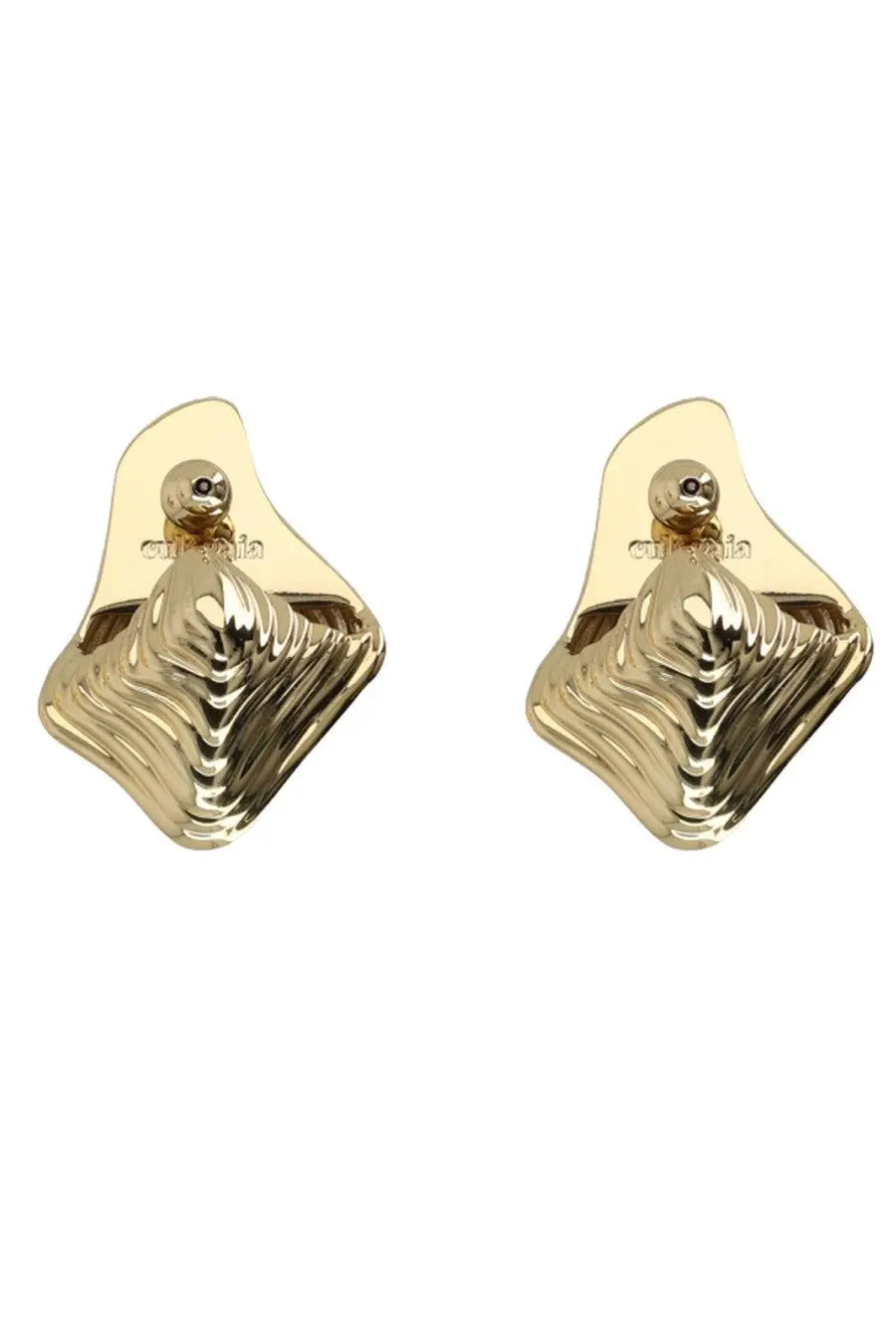 Back view of cult gaia women’s relic gold earrings showing gold-toned wavy layered design with clicca engraving