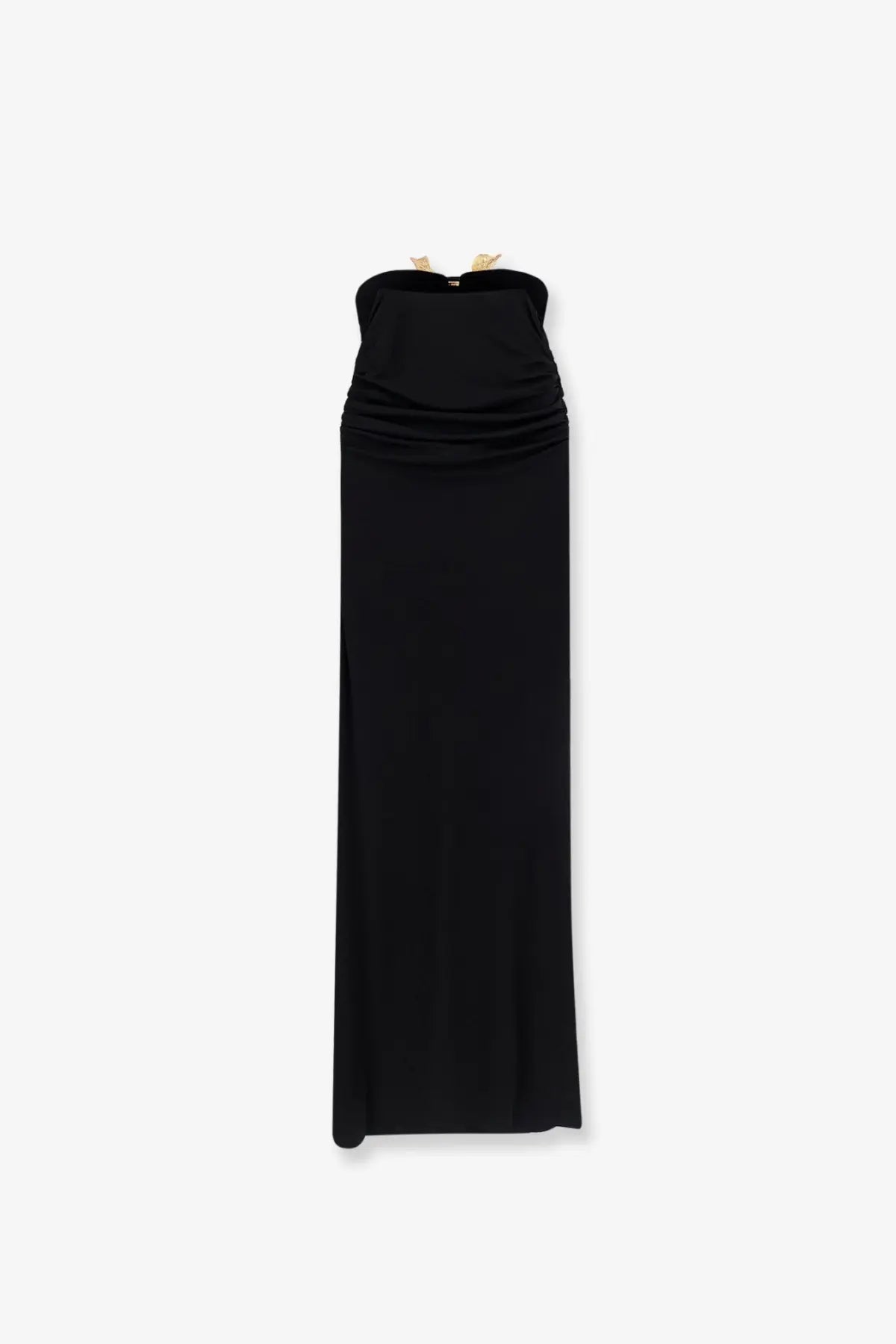 Cult Gaia women’s emir black satin strapless maxi dress with gold tone clasp at neckline in viscose blend fabric