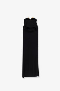 Cult Gaia women’s emir black satin strapless maxi dress with gold tone clasp at neckline in viscose blend fabric
