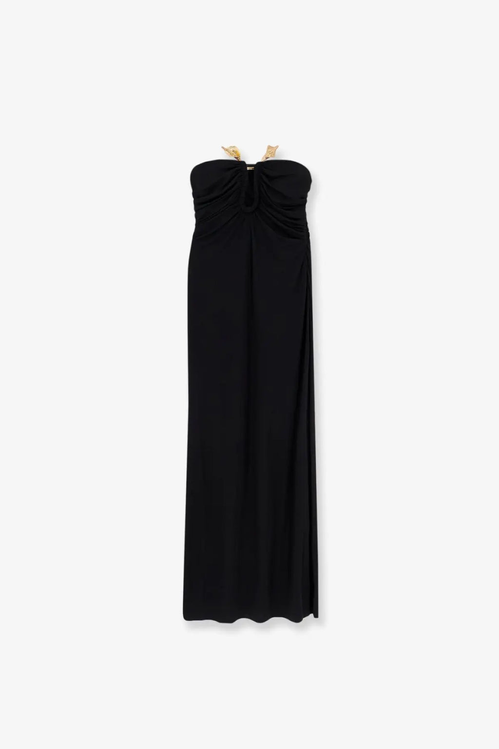Black strapless maxi dress with ruched bodice gold clasp by cult gaia in viscose blend long black design
