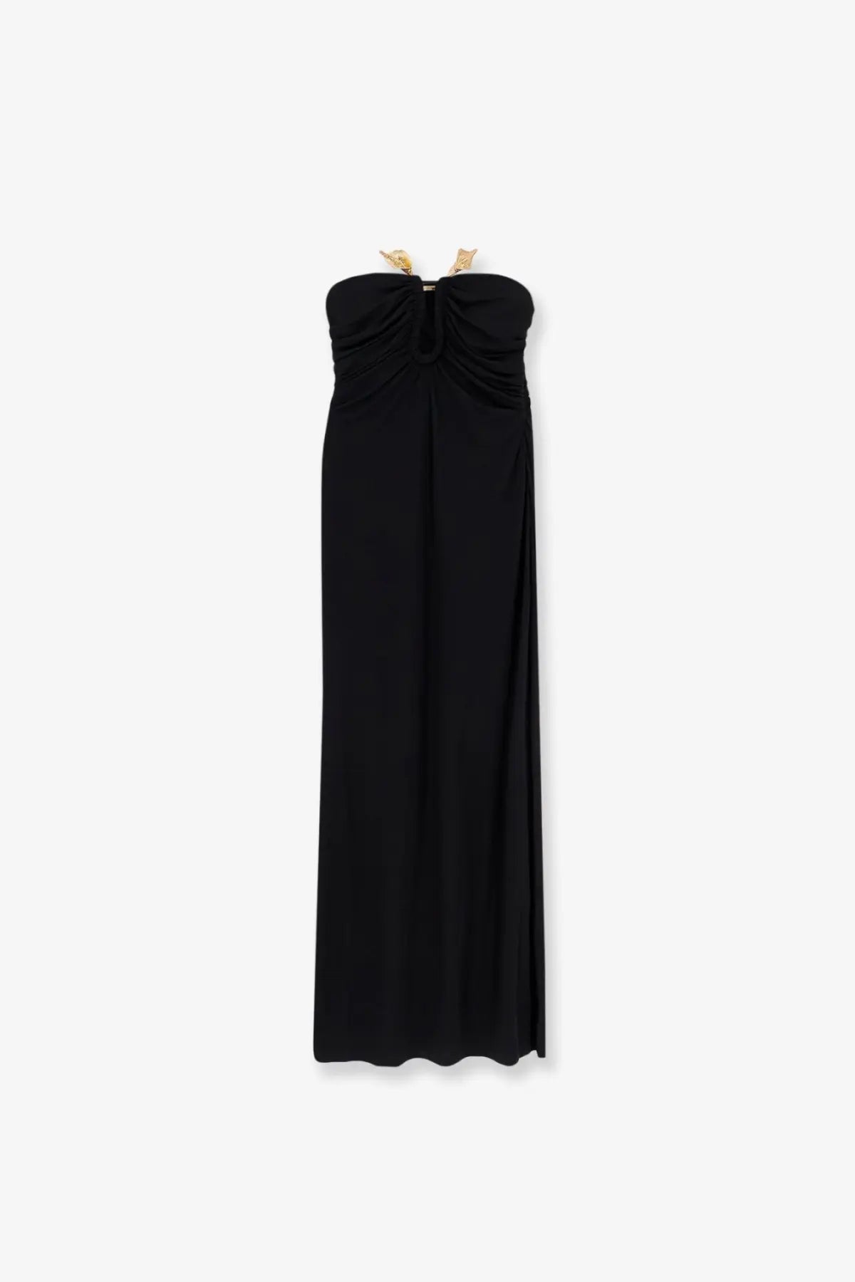 Black strapless maxi dress with ruched bodice gold clasp by cult gaia in viscose blend long black design