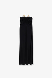 Black strapless maxi dress with ruched bodice gold clasp by cult gaia in viscose blend long black design