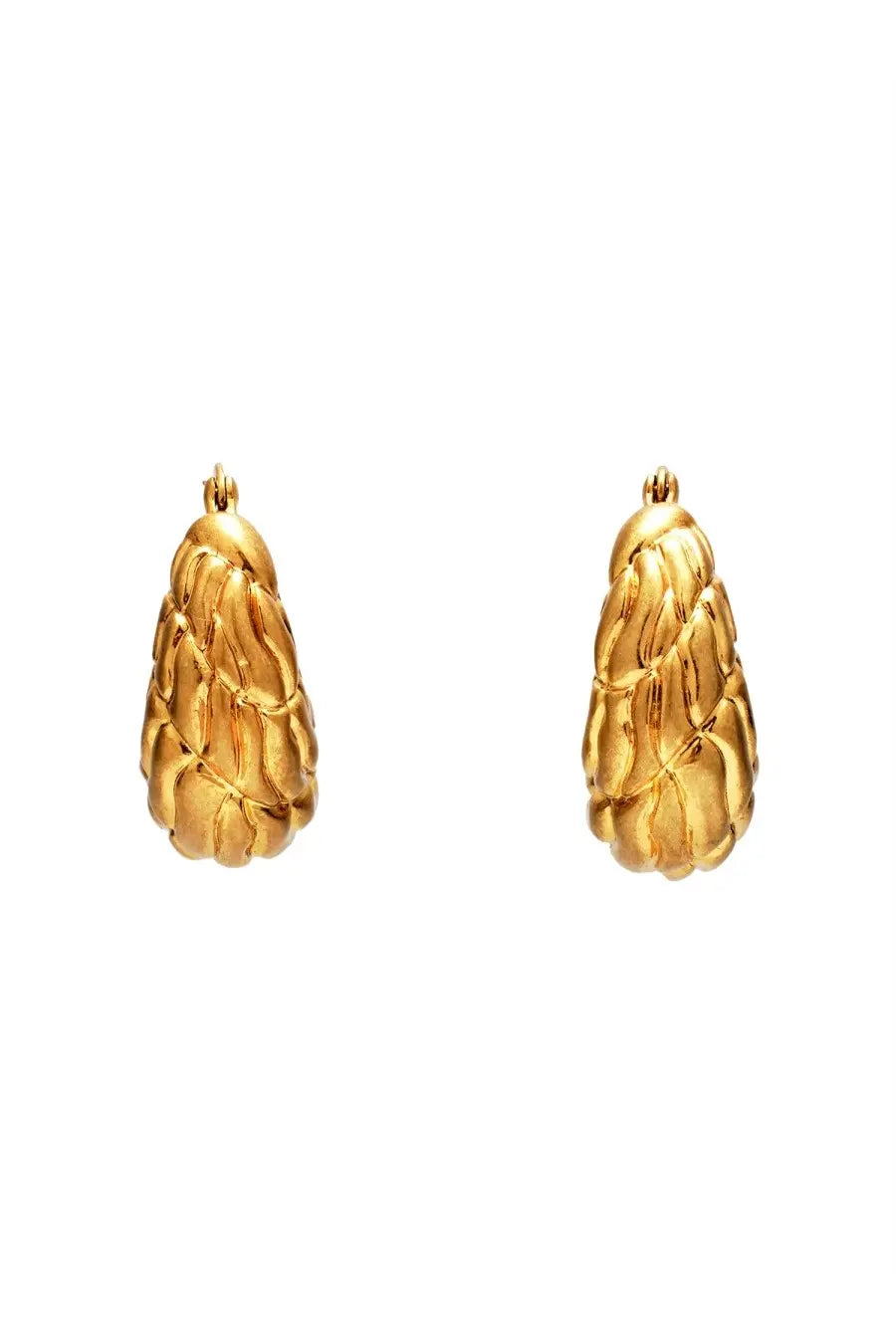 Golden teardrop-shaped braided earrings with textured design from cult gaia womens flour earrings gold collection
