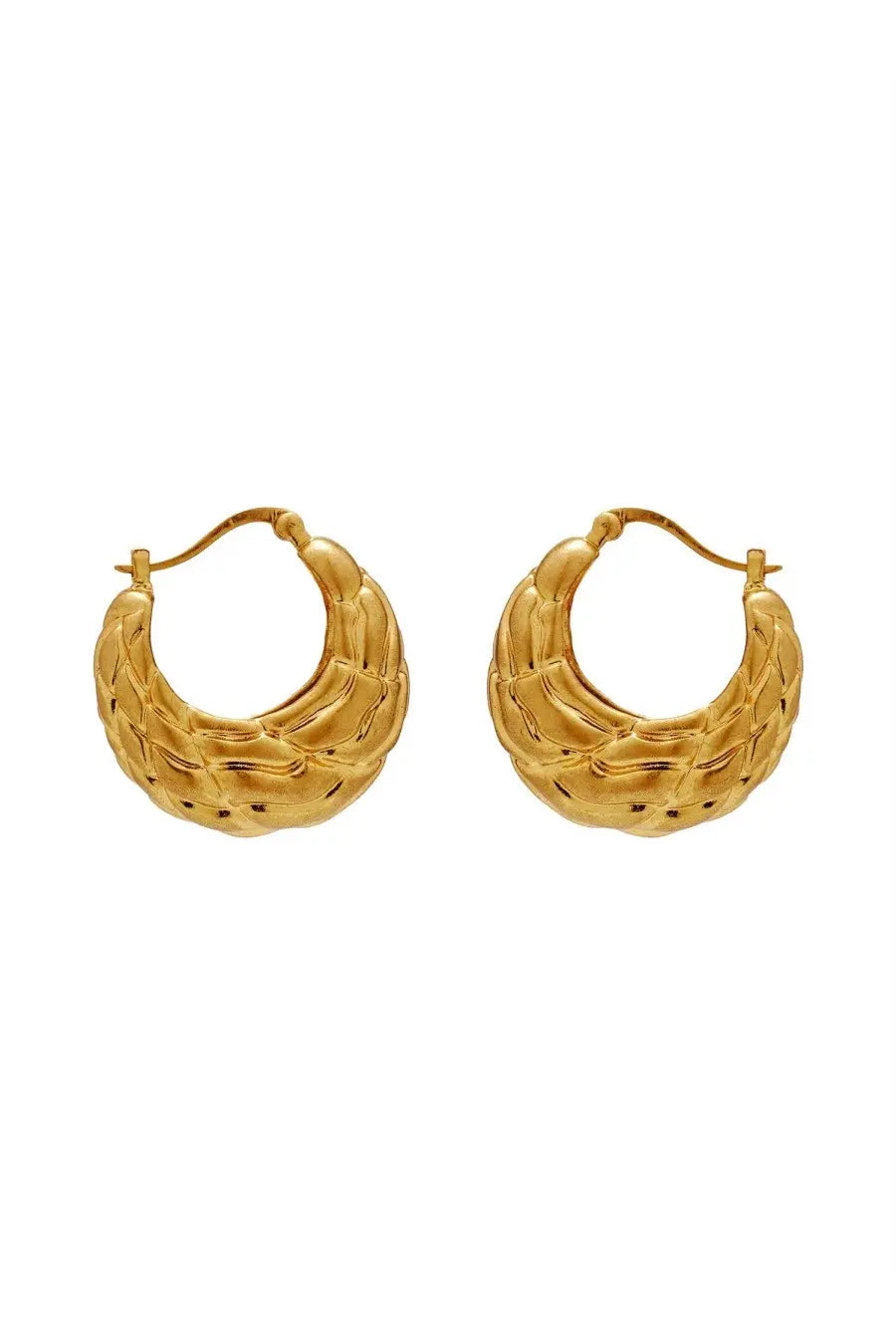 Gold-toned hoop earrings with a textured woven pattern resembling braided leather from cult gaia flour collection