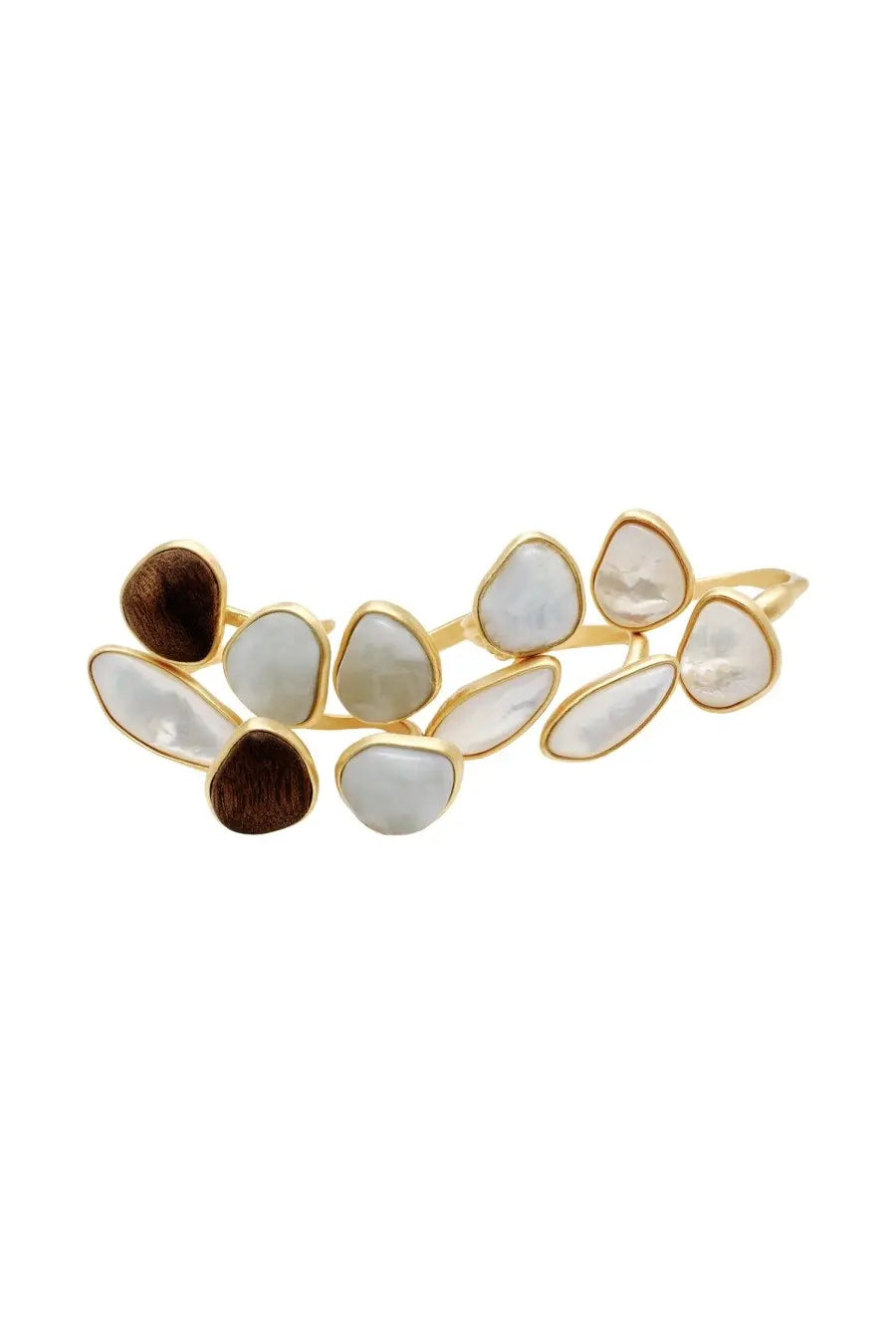 Gold-toned leaf-shaped cuff with white and dark brown mother-of-pearl stones in cult gaia womens ina ring set multicolor