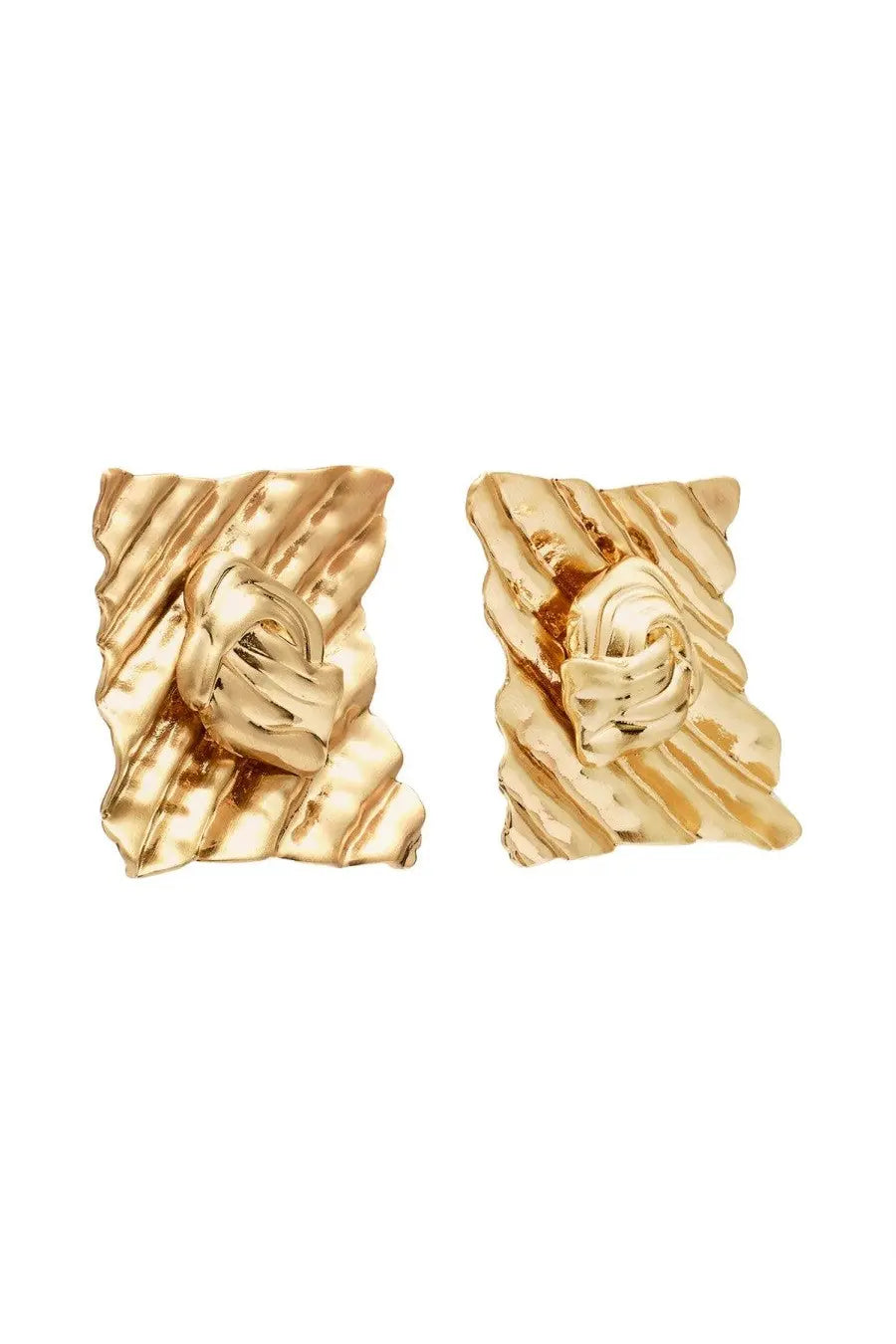 Cult gaia women’s naydine earrings gold featuring gold-toned square design with textured ribbed surface and central knot detail