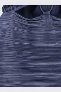 Cult gaia women’s pleated fabric jahzara dress deep lake in navy blue with subtle sheen and structured horizontal folds