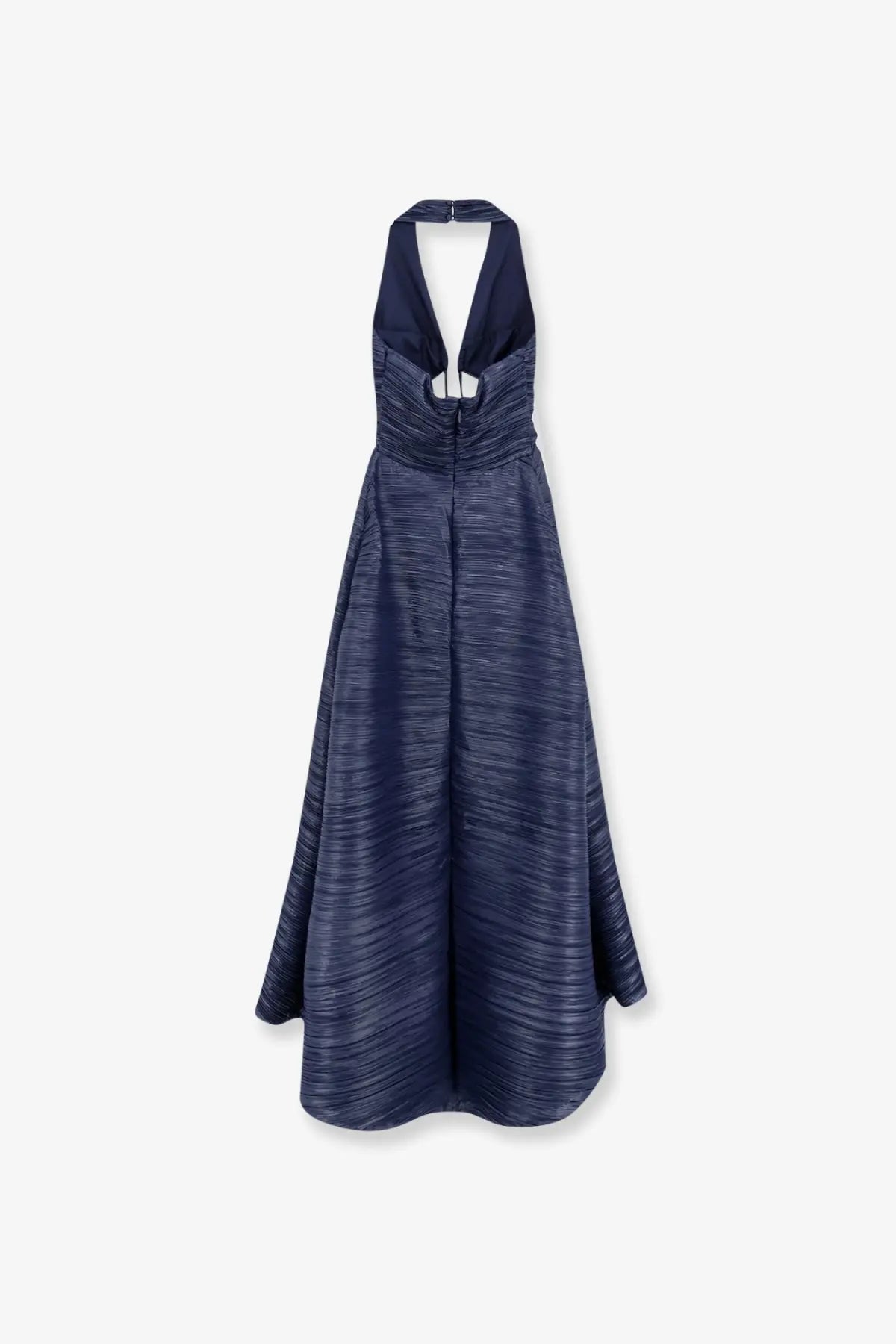 Cult Gaia women’s deep lake navy blue halter-neck dress with ribbed textured fabric and a-line pleated skirt