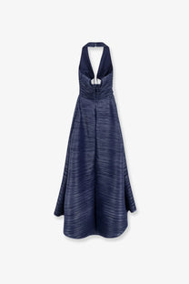 Cult Gaia women’s deep lake navy blue halter-neck dress with ribbed textured fabric and a-line pleated skirt