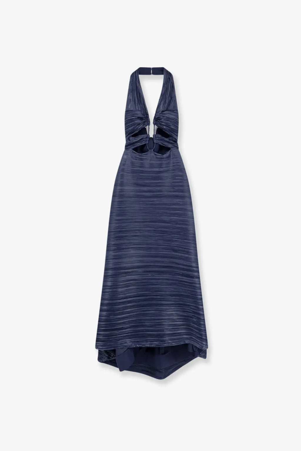 Cult Gaia womens pleated fabric Jahzara navy blue halter neck maxi dress with striped texture and bust cut out details