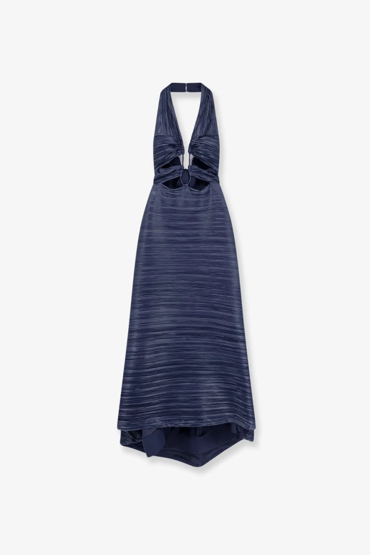 Cult Gaia womens pleated fabric Jahzara navy blue halter neck maxi dress with striped texture and bust cut out details