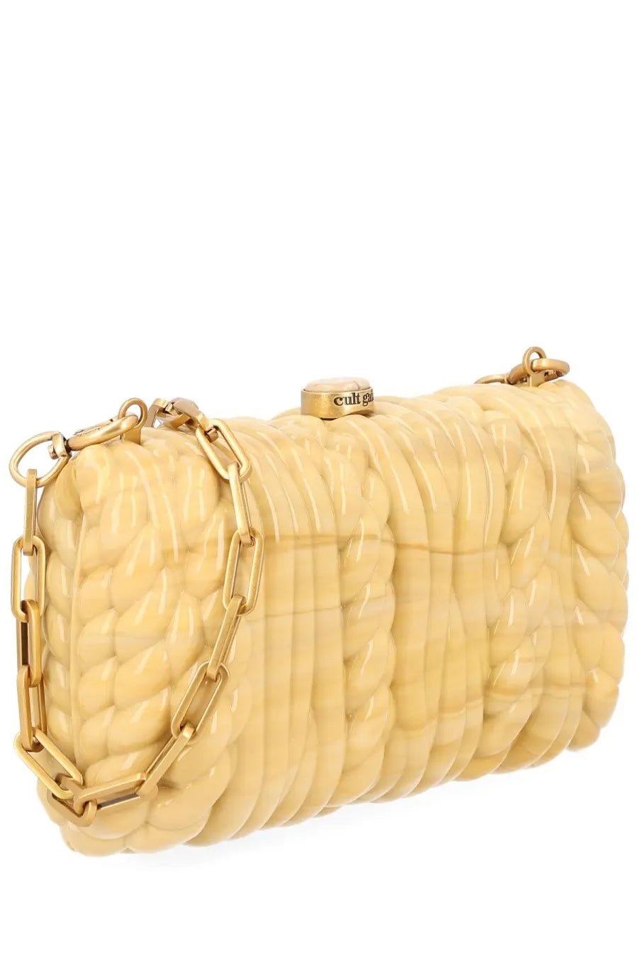 Cult Gaia women’s pochette helene beige pale yellow glossy resin clutch with textured braided design and gold-tone chain strap
