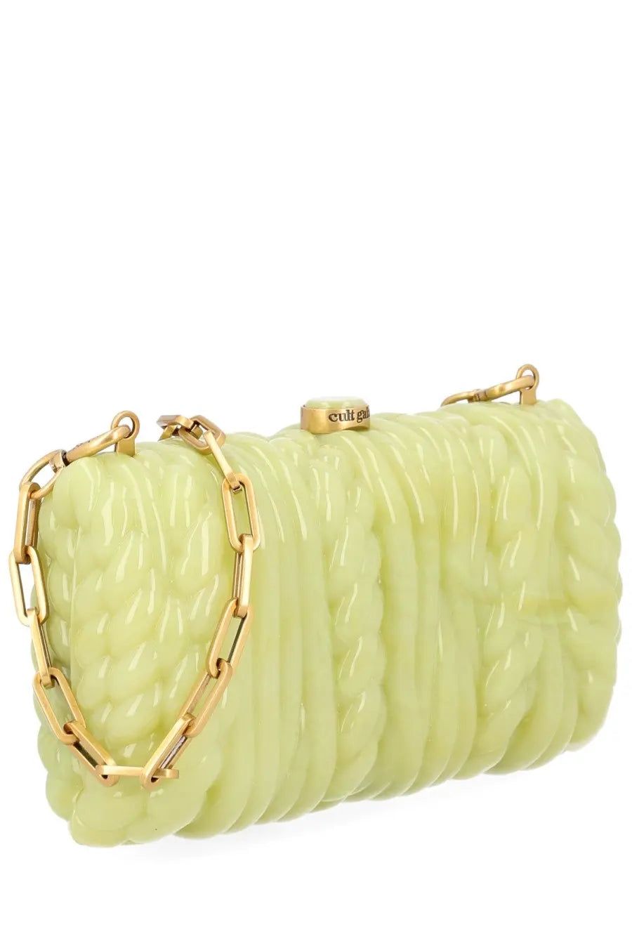 Cult Gaia women’s pochette Helene green pale green textured clutch bag with gold-toned chain strap and clasp
