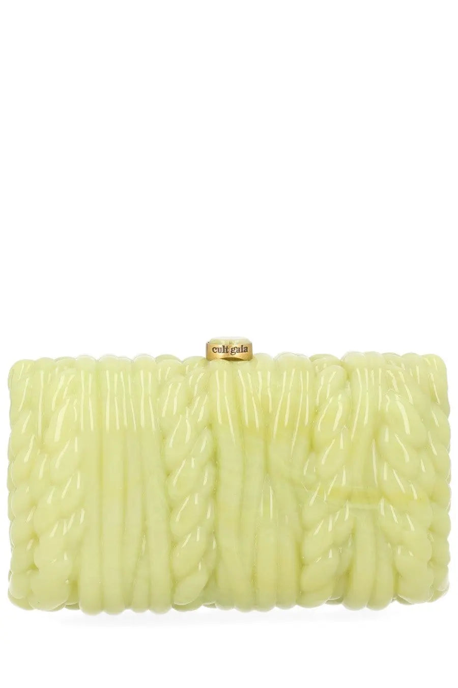 Cult Gaia women’s pochette helene green pale yellow glossy clutch bag with textured braided design and gold-tone clasp