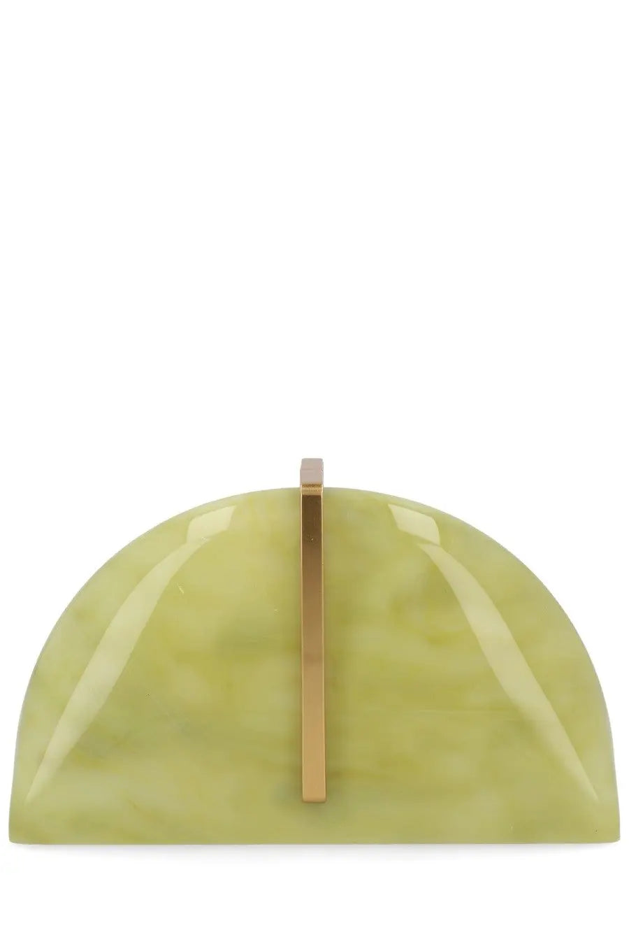 A sleek semi-circular clutch in translucent olive green resin with a polished gold-tone clasp by cult gaia