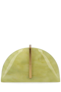 A sleek semi-circular clutch in translucent olive green resin with a polished gold-tone clasp by cult gaia