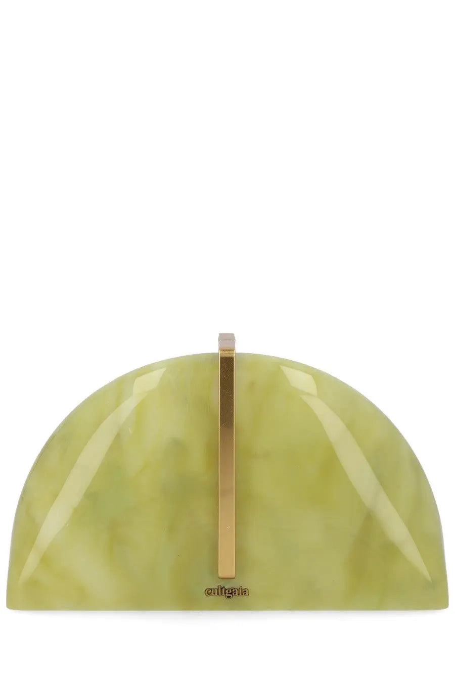 A sleek lime green semi-circular clutch with glossy resin finish and gold-tone clasp from Cult Gaia pochette laguna green