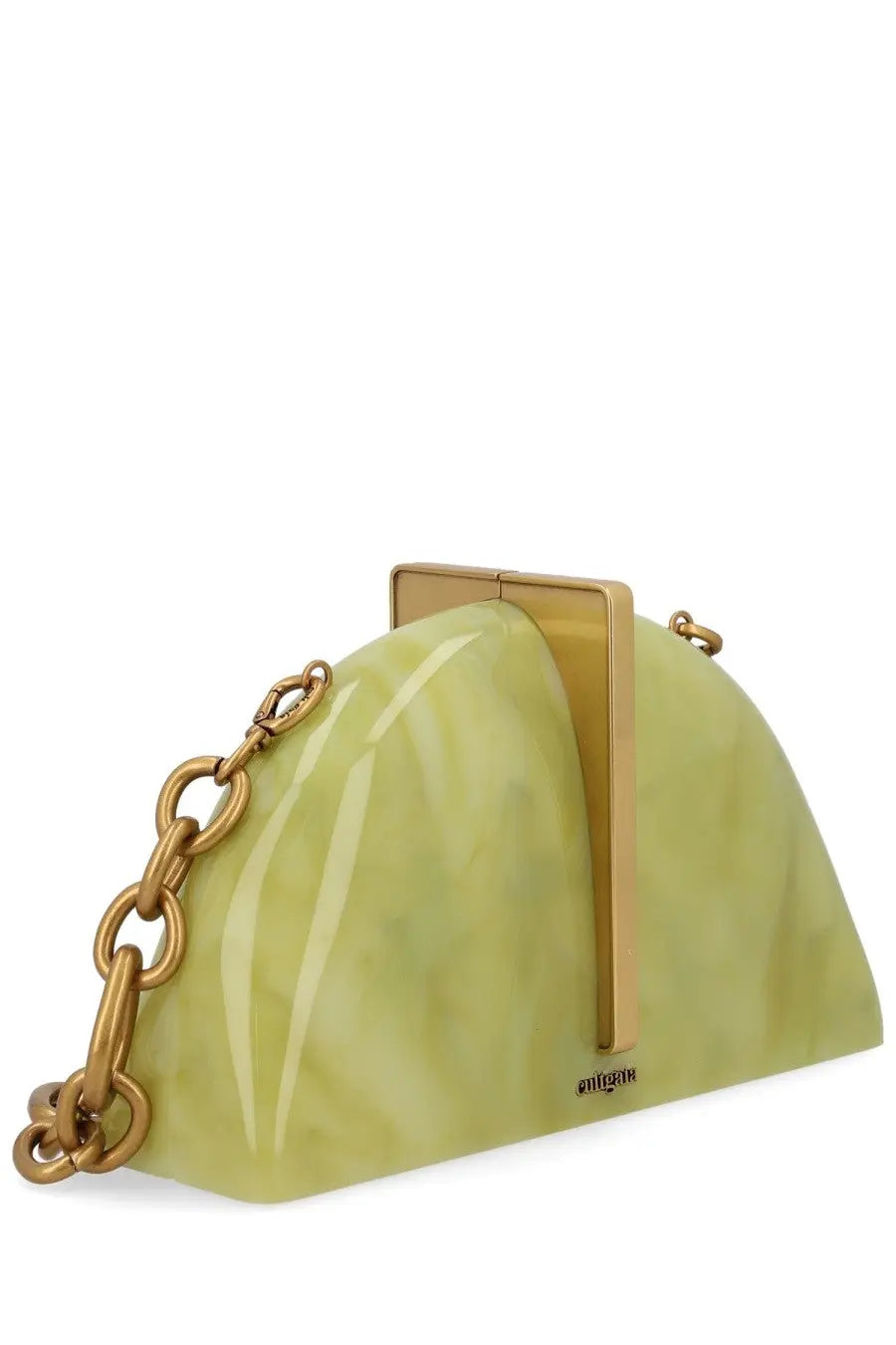 A sleek lime green semi-translucent handbag with a glossy finish and gold metal frame and chain strap by Cult Gaia
