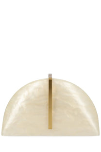 Cream-colored semi-circular leather clutch with sleek gold-tone metal clasp in Cult Gaia women’s pochette Laguna White