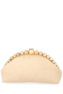 Beige suede clutch with cream-colored bead decoration and gold hardware from Cult Gaia women’s pochette Una white collection