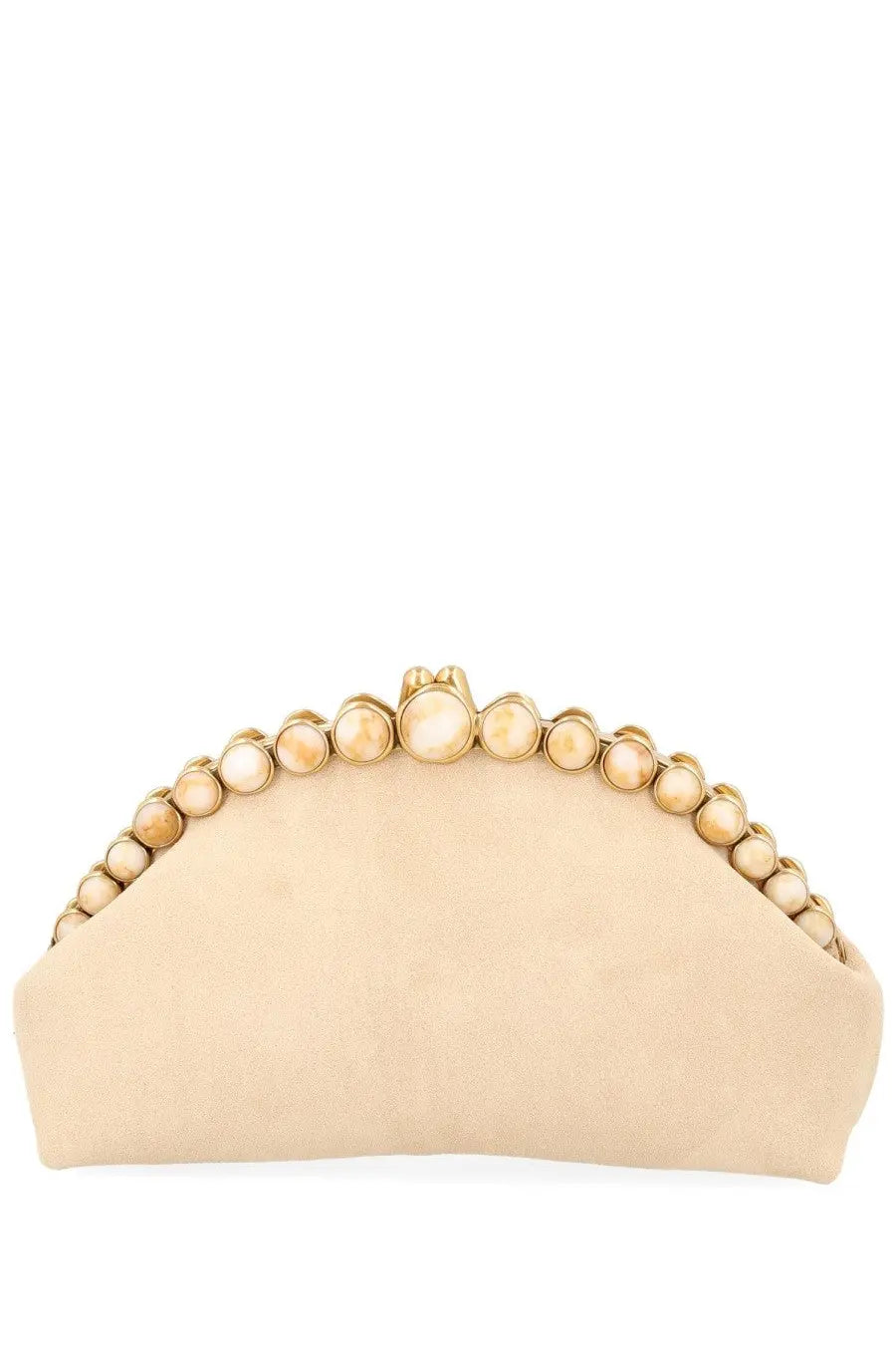 Beige suede clutch with gold-tone frame and cream pearl accents from Cult Gaia womens pochette Una White collection