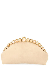 Beige suede clutch with gold-tone frame and cream pearl accents from Cult Gaia womens pochette Una White collection