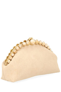 Cult Gaia women’s pochette una white beige suede clutch with gold-tone frame and cream-colored pearl accents