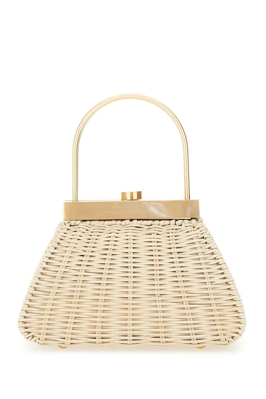 Beige woven wicker clutch purse with gold-tone metal handle and clasp by Cult Gaia women’s Estelle collection