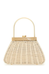 Beige woven wicker clutch purse with gold-tone metal handle and clasp by Cult Gaia women’s Estelle collection