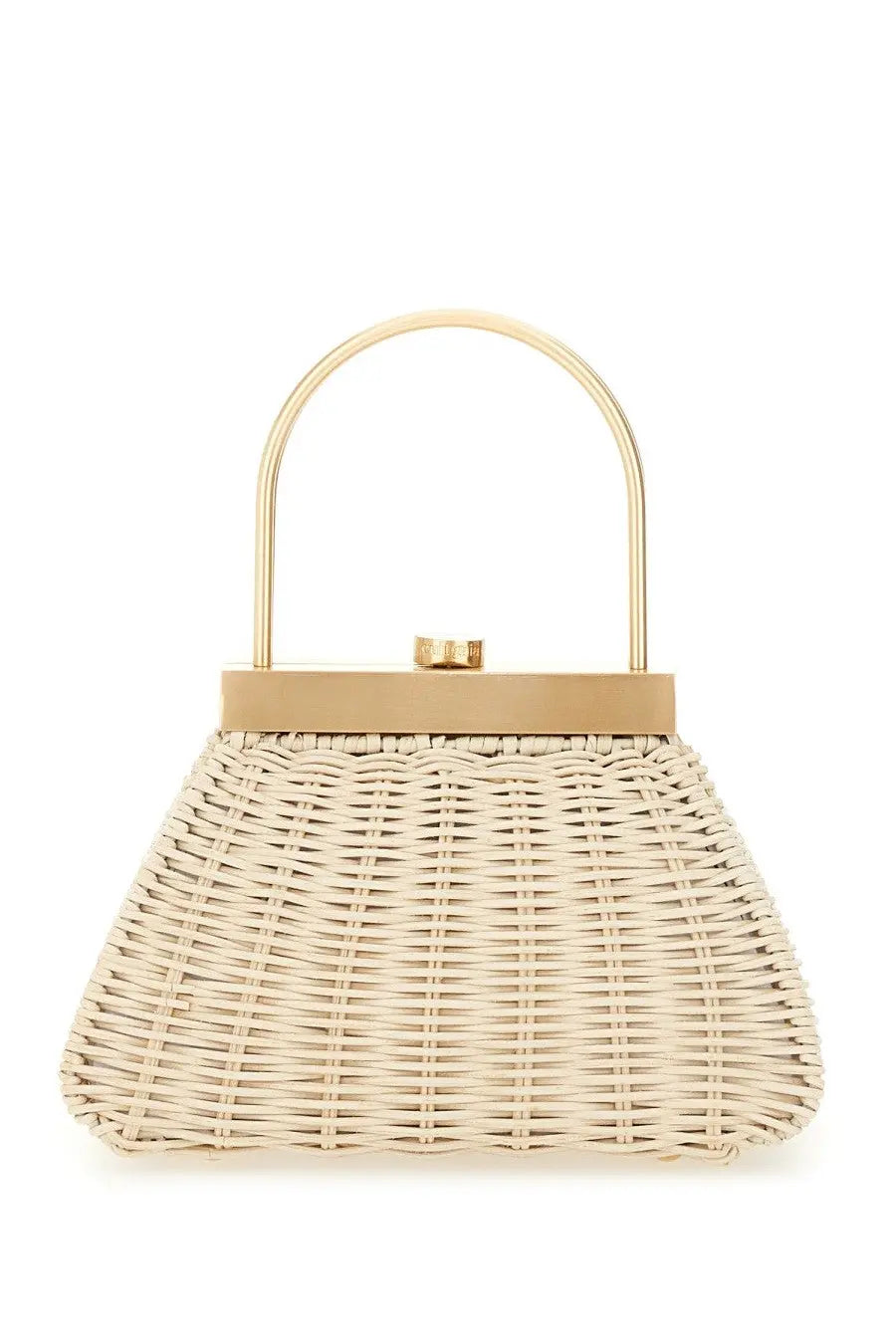 Cult Gaia women’s purse estelle beige woven wicker handbag with gold-tone metal handle and clasp