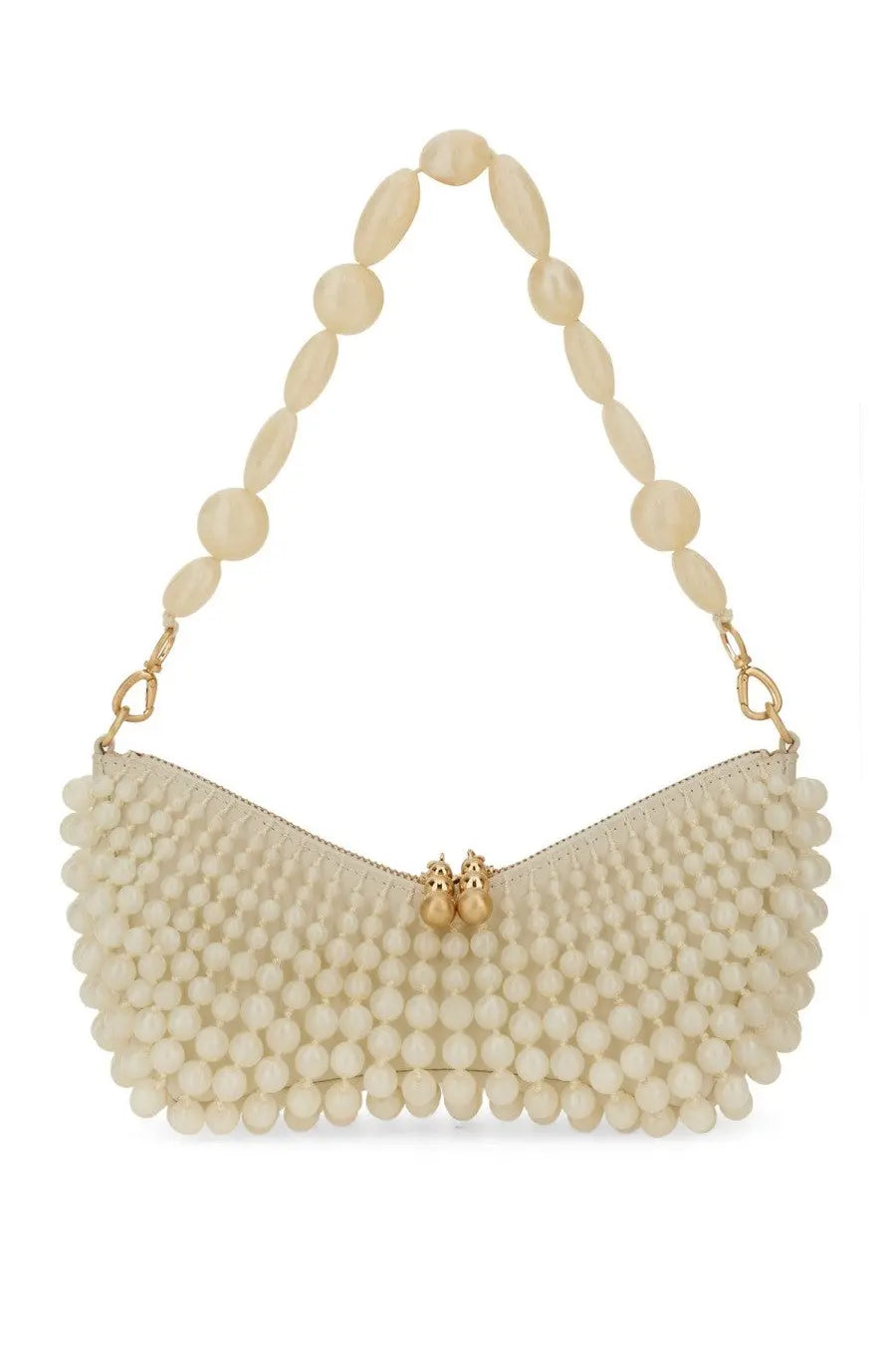 Cream-colored Cult Gaia women’s shoulder bag with curved pebble-textured body and oval beaded handle in white