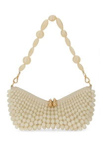 Cream-colored Cult Gaia women’s shoulder bag with curved pebble-textured body and oval beaded handle in white