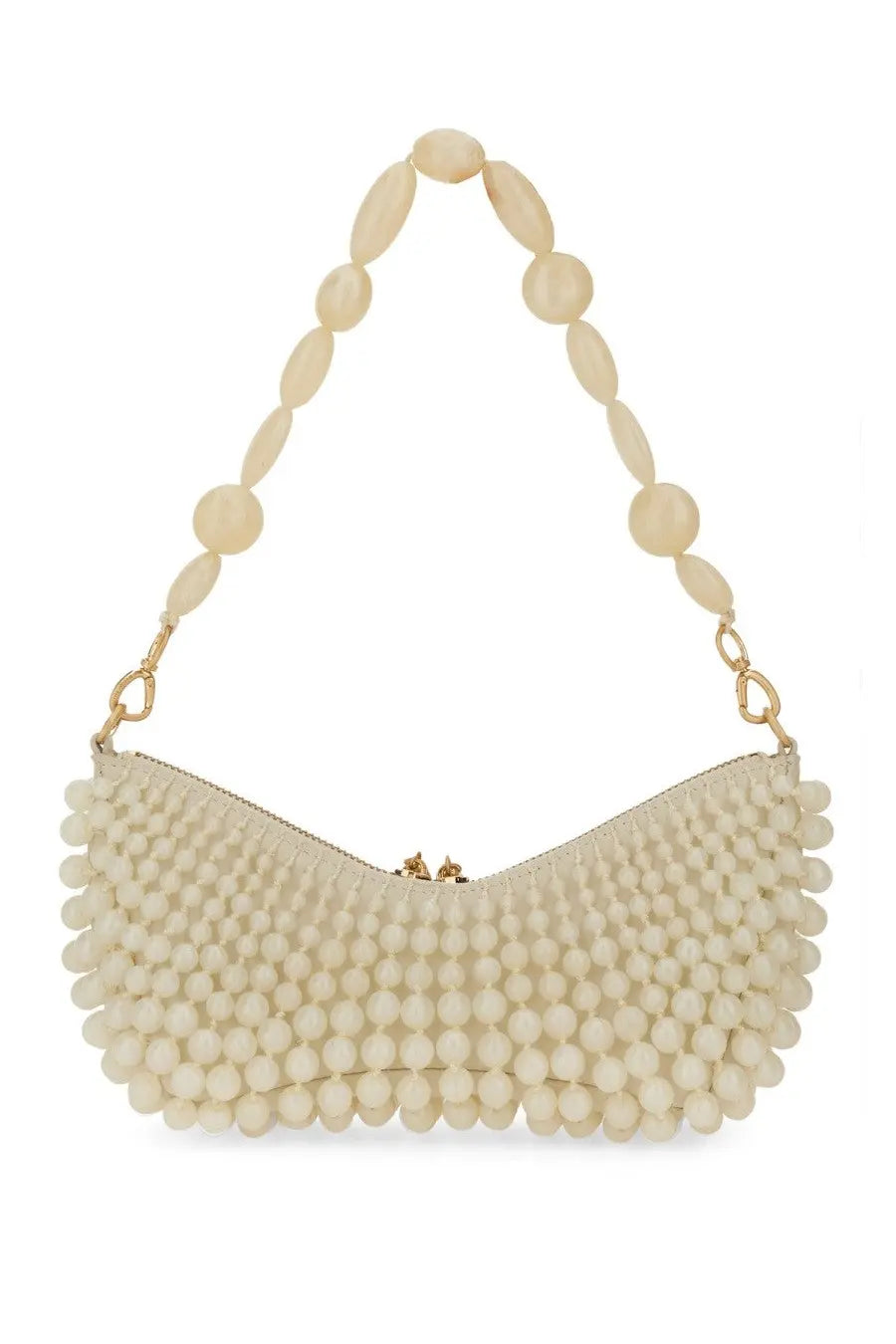 Cream-colored cult gaia women’s shoulder bag mercier white with curved pebble textured body and oval beaded handle